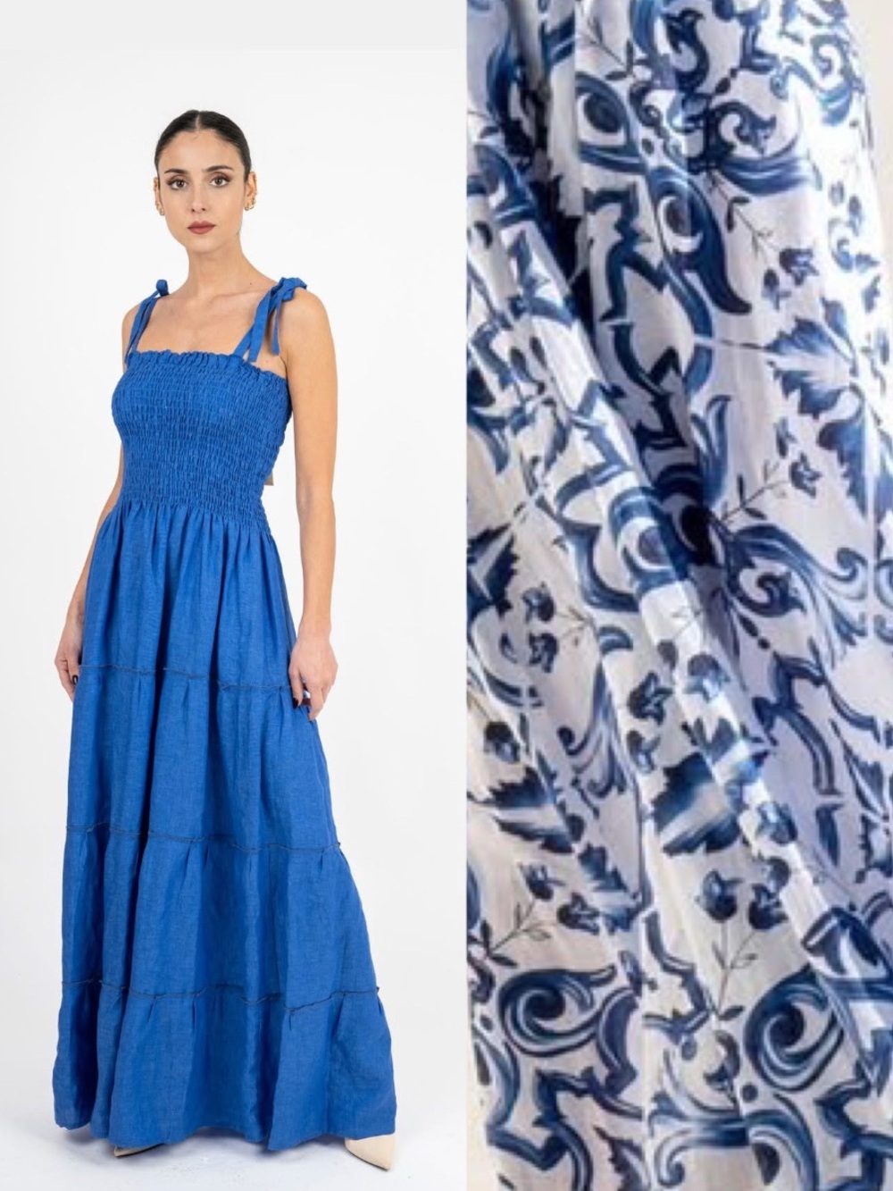 Stella Moda Positano || Floral Smocked Midi Dress Linen Tie Shoulder Blue White